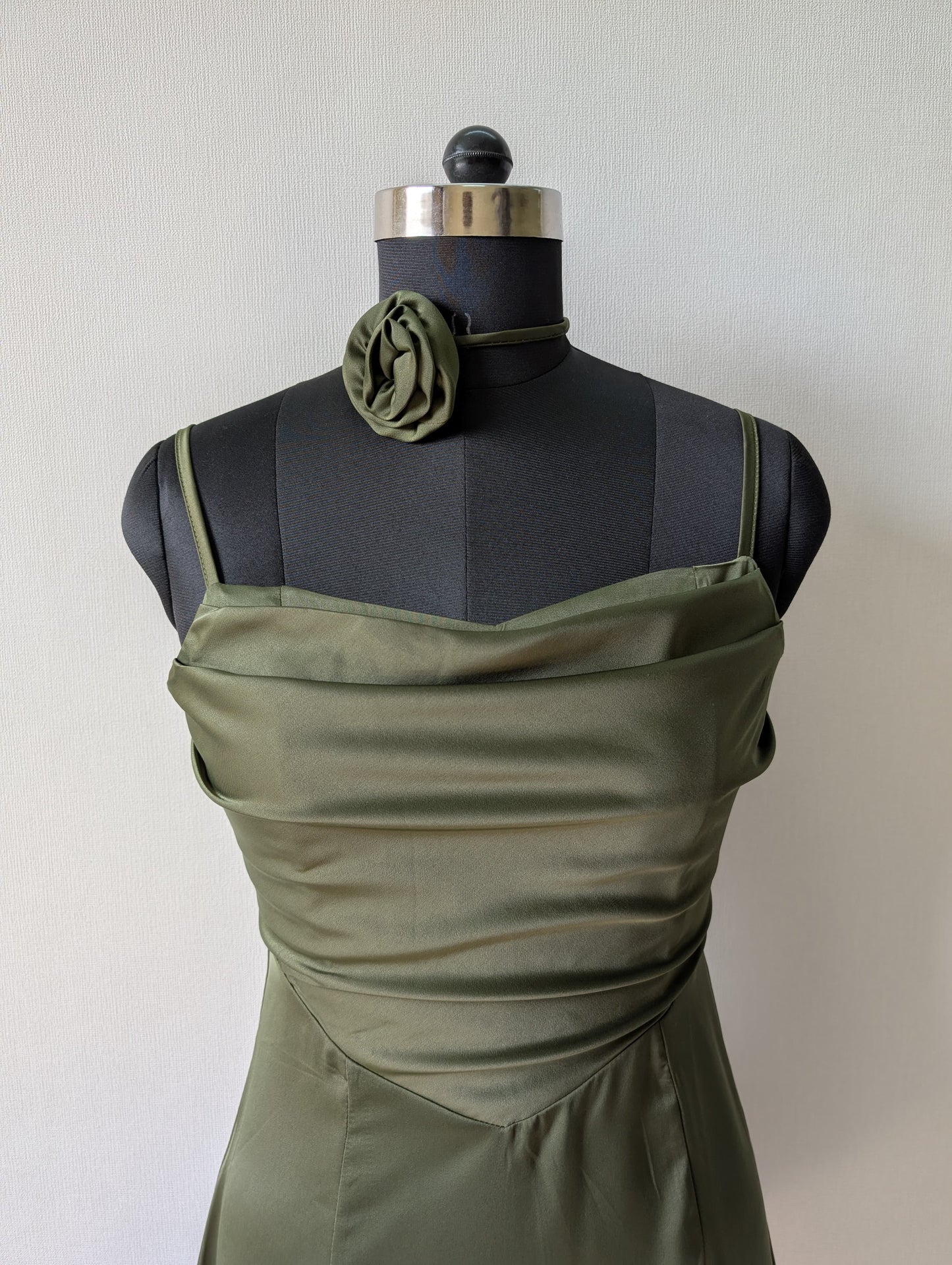 Satin Olive dress with flower neckpiece