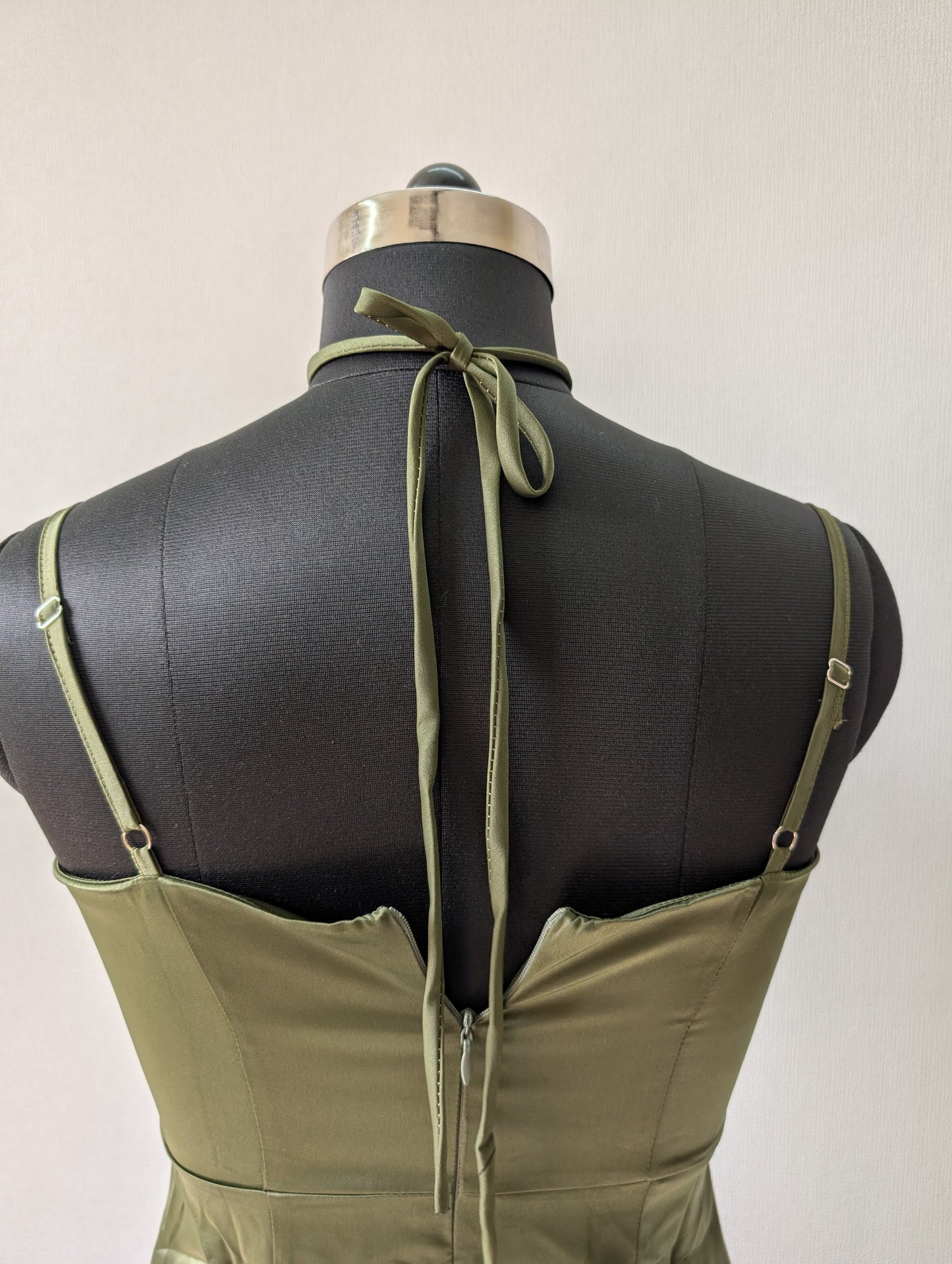 Satin Olive dress with flower neckpiece