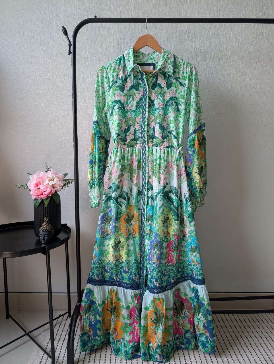 Green Long-Sleeve Buttondown Maxi Shirt Dress