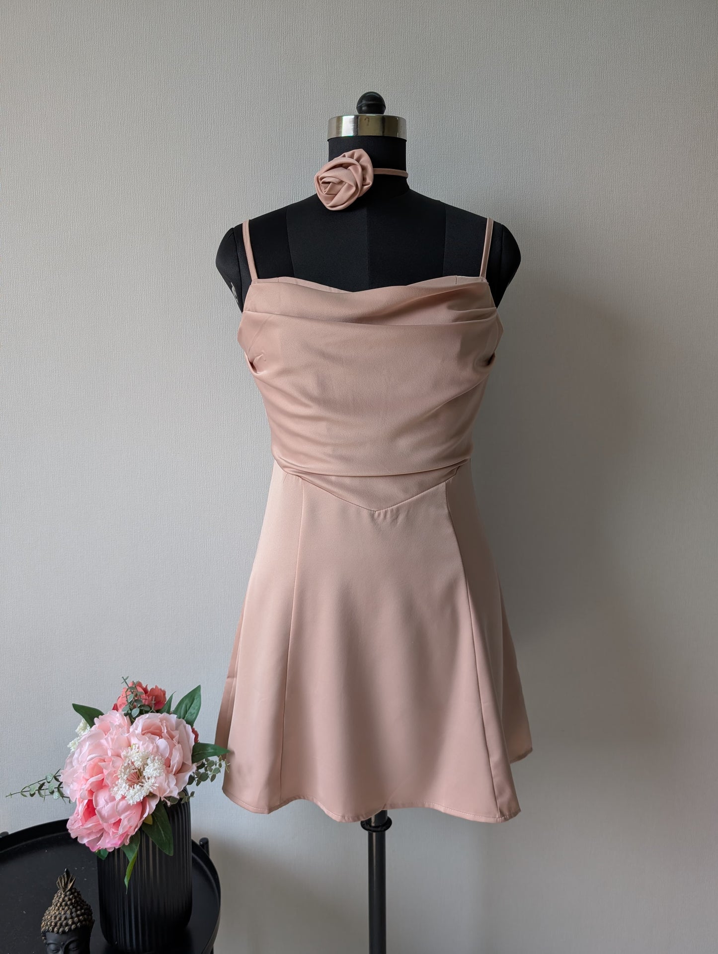 Satin Pink dress with flower neckpiece