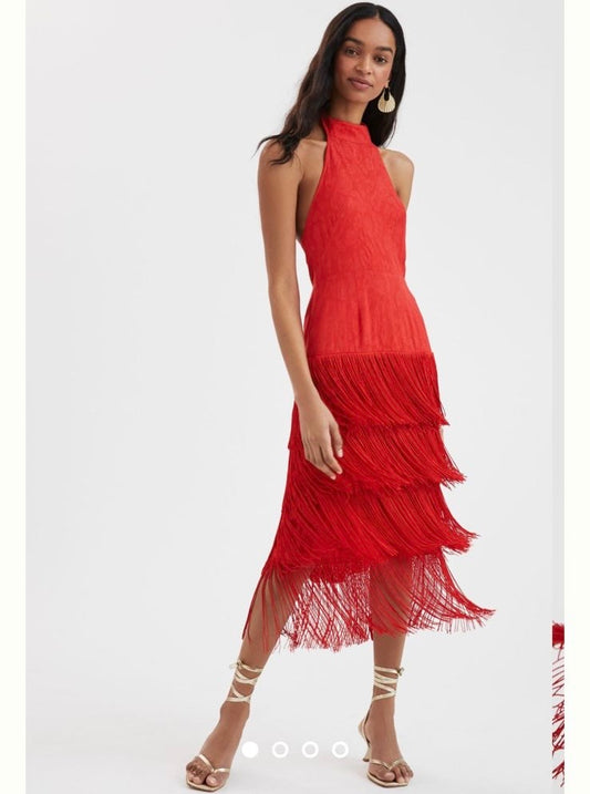 Red Fringe Halter Maxi Dress