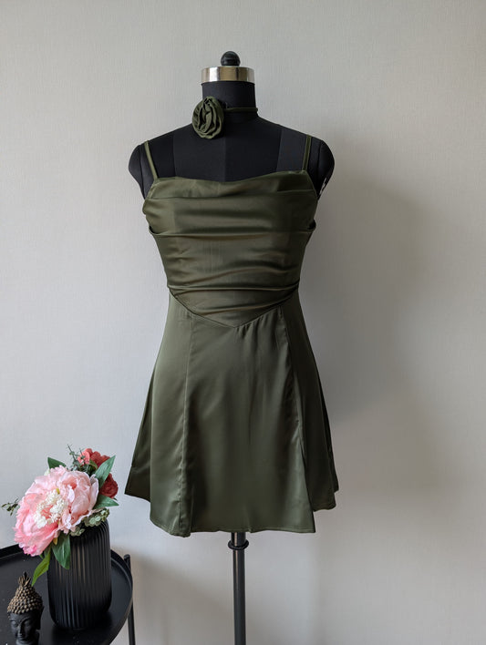 Satin Olive dress with flower neckpiece