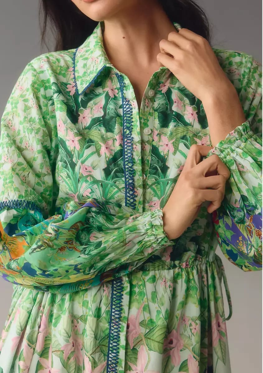 Green Long-Sleeve Buttondown Maxi Shirt Dress