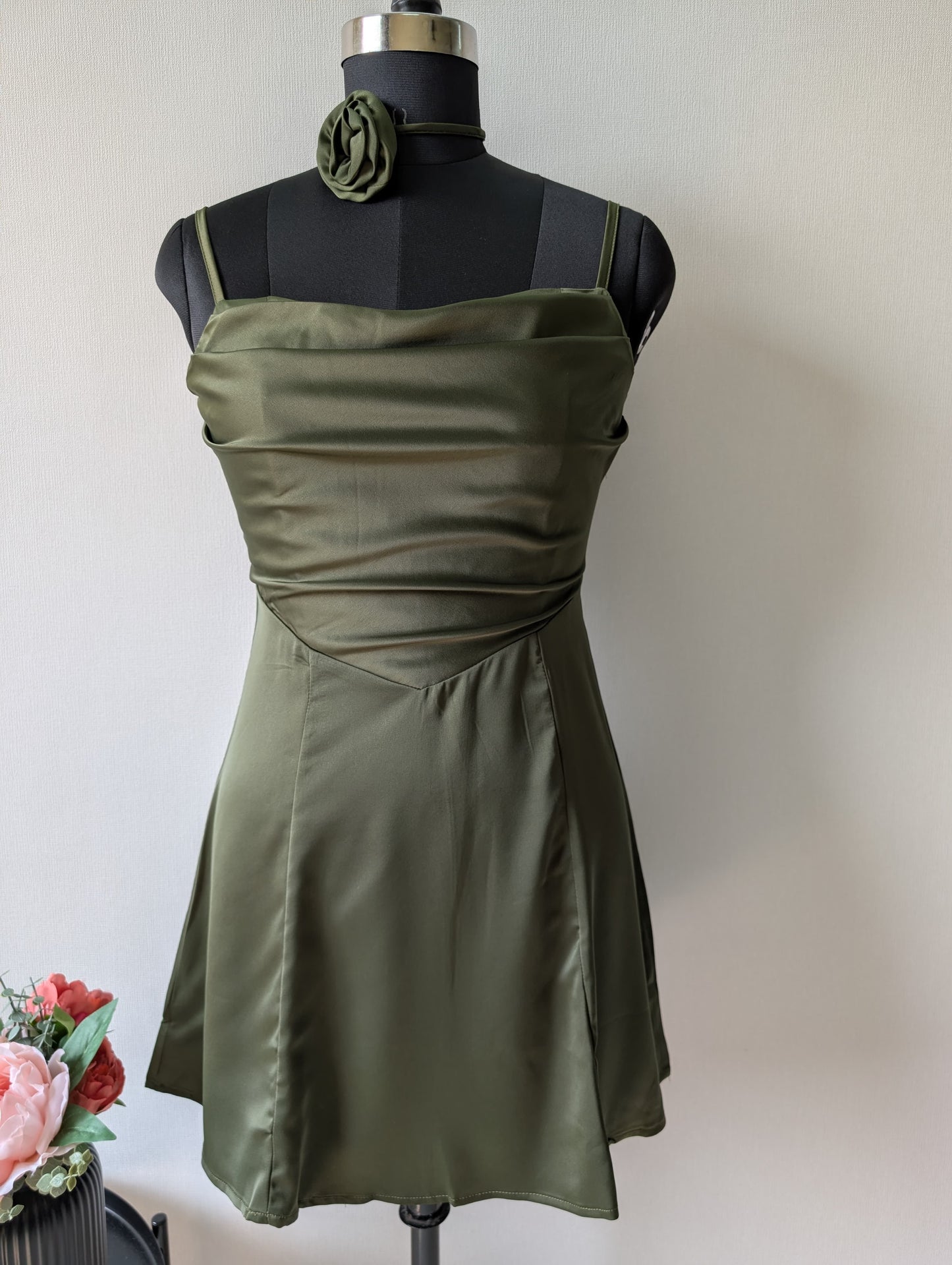 Satin Olive dress with flower neckpiece