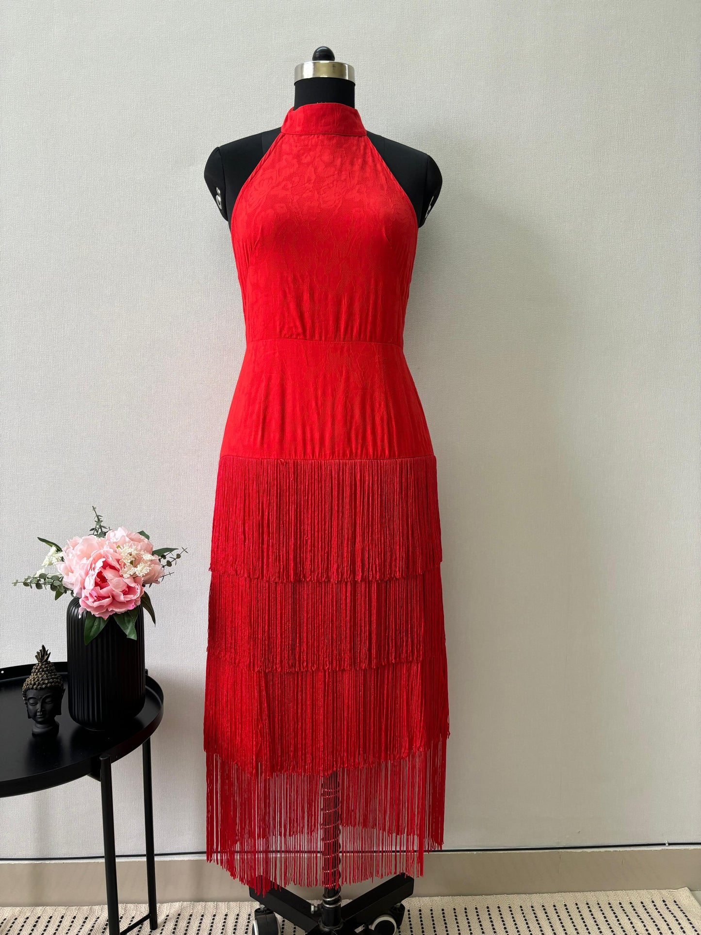 Red Fringe Halter Maxi Dress