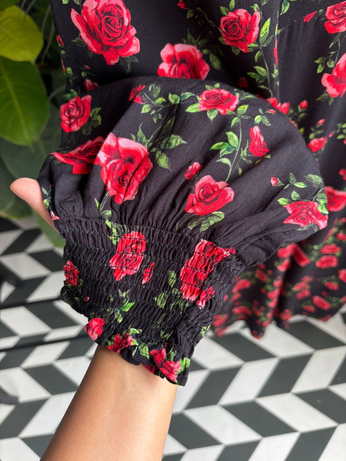 Red & black floral dress