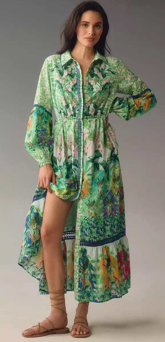 Green Long-Sleeve Buttondown Maxi Shirt Dress