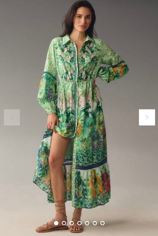 Green Long-Sleeve Buttondown Maxi Shirt Dress