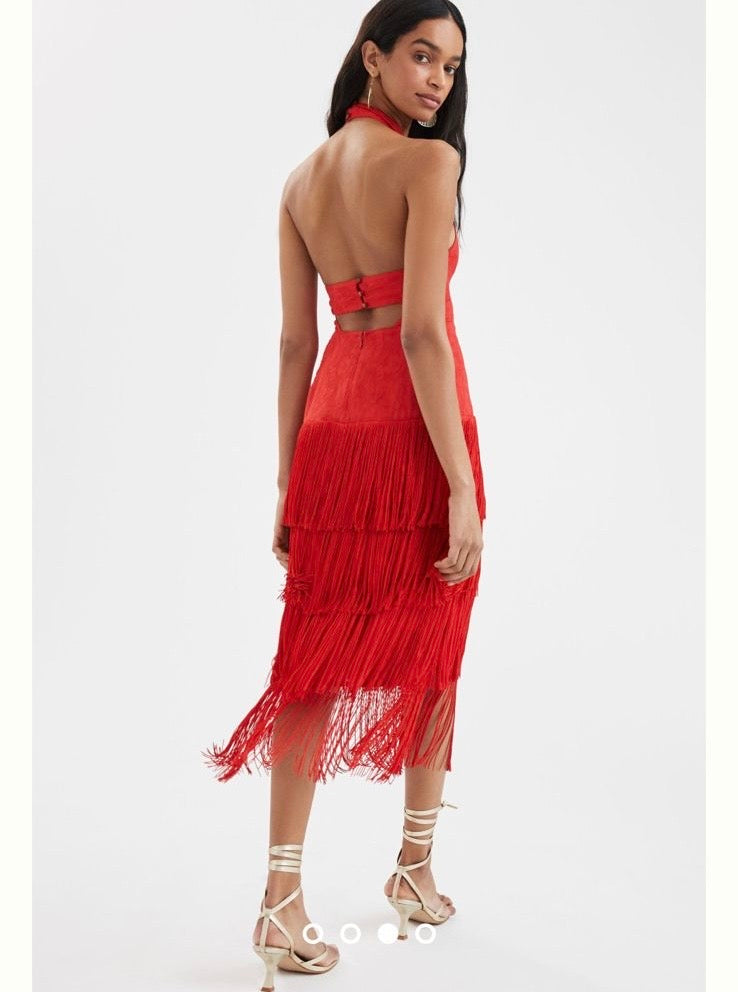 Red Fringe Halter Maxi Dress