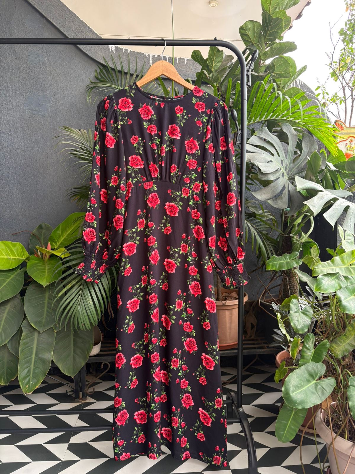 Red & black floral dress