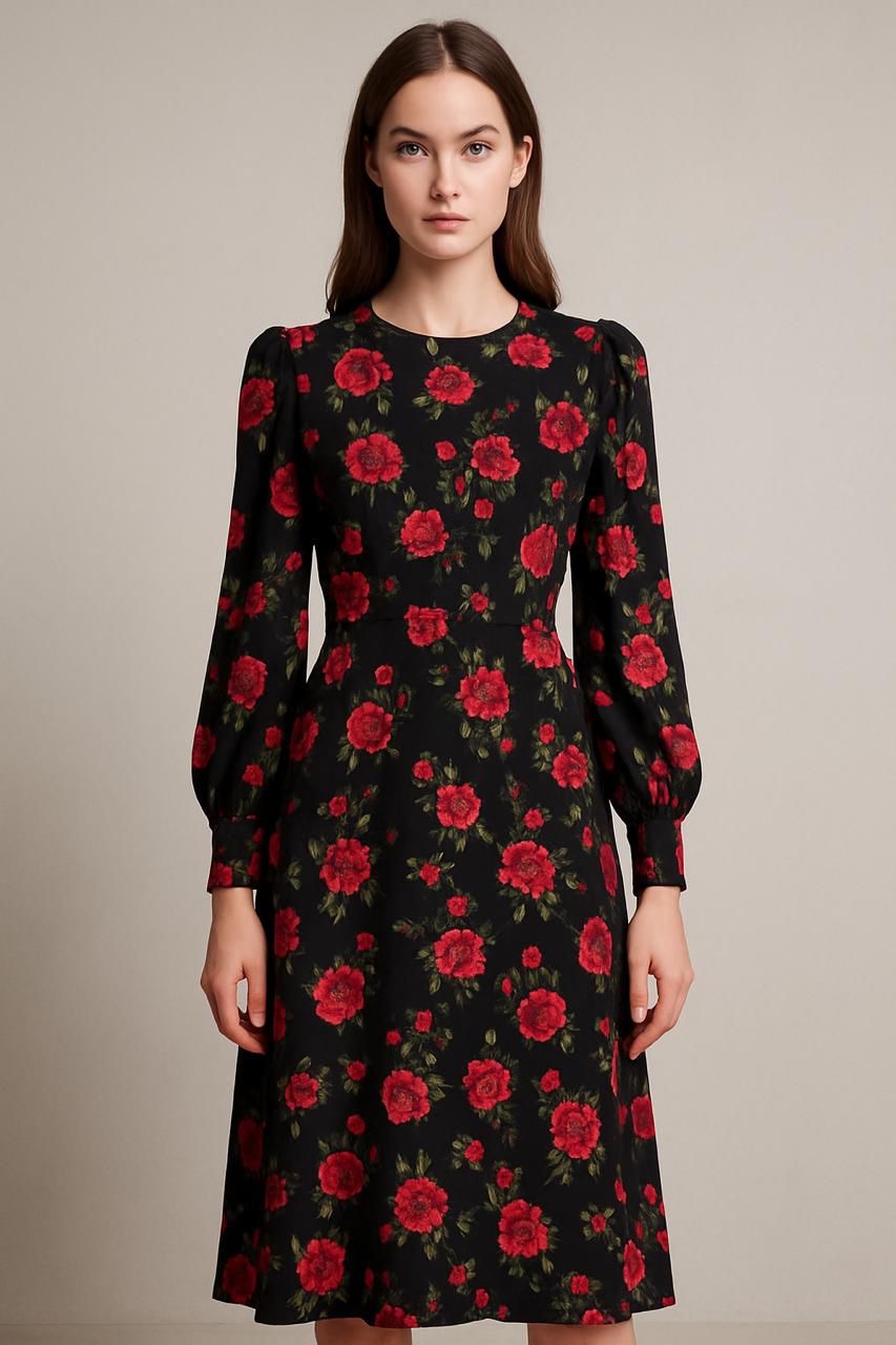 Red & black floral dress