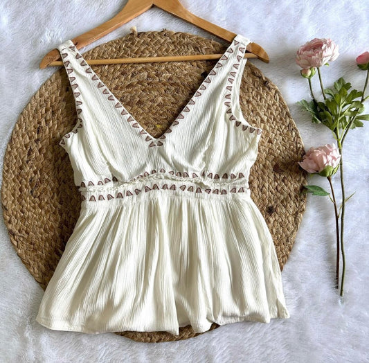 V neck white embroidered top