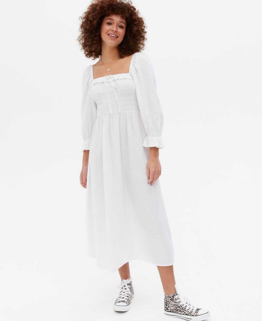 White ruched cottage core midi dress