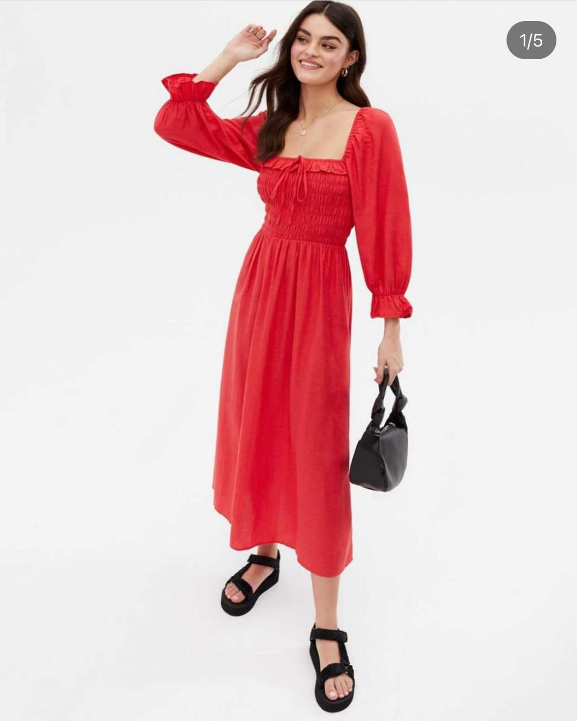 Red ruched cottage core midi dress