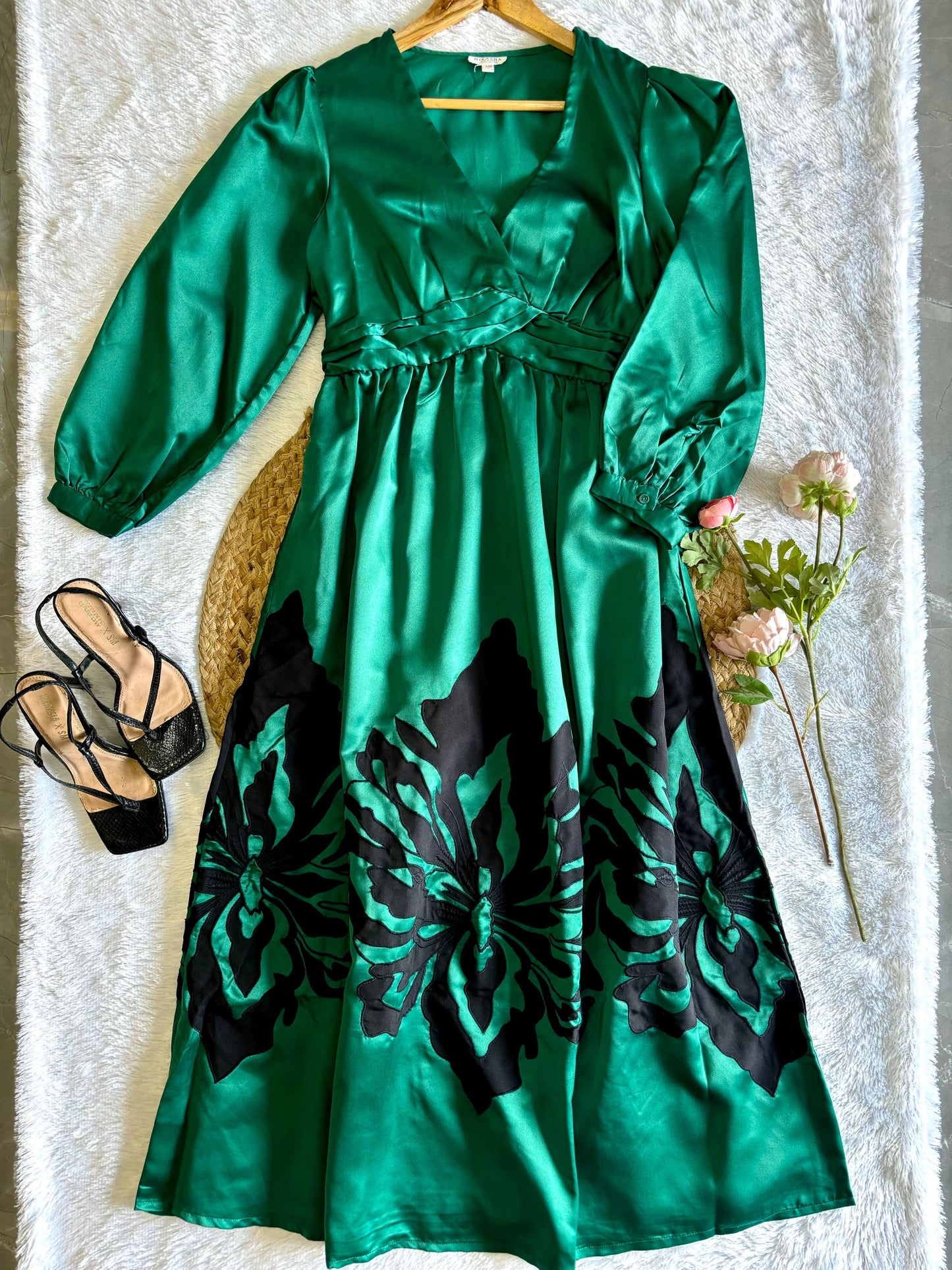 Green Satin Silk Midi Dress