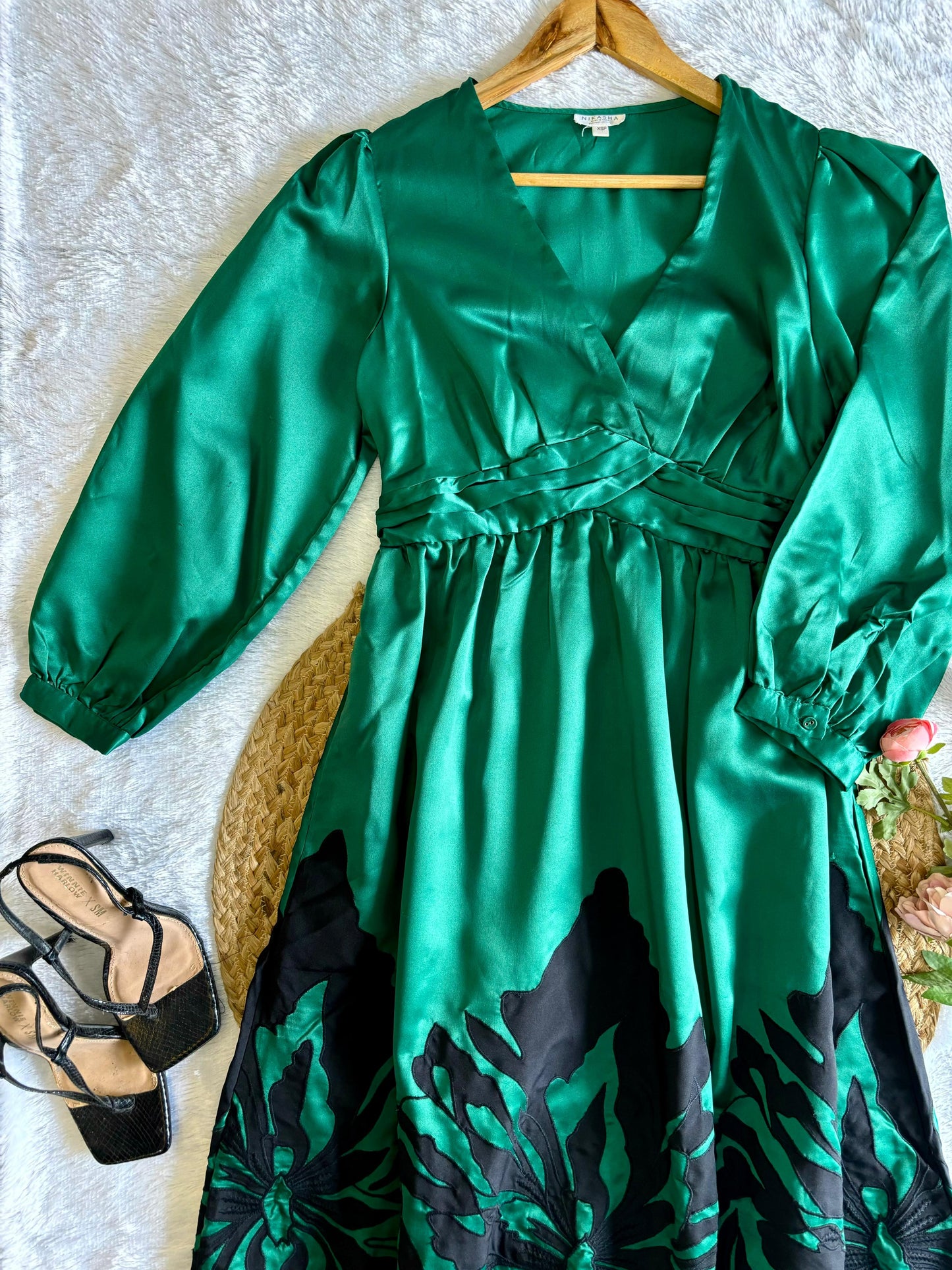 Green Satin Silk Midi Dress