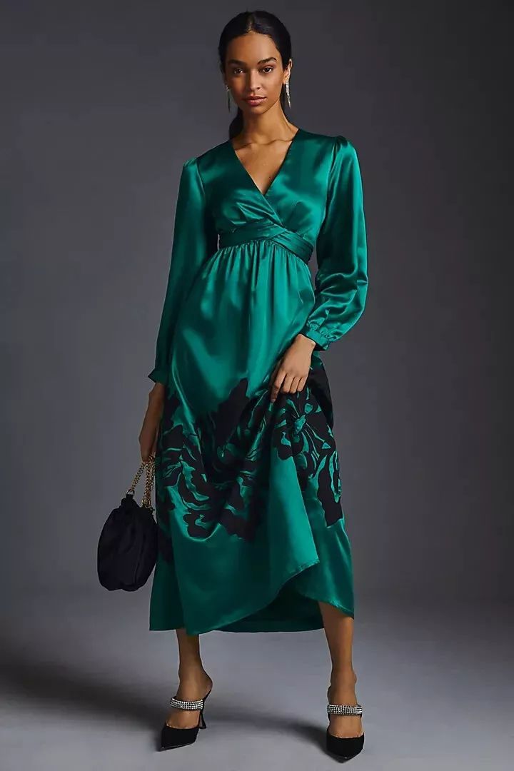 Green Satin Silk Midi Dress